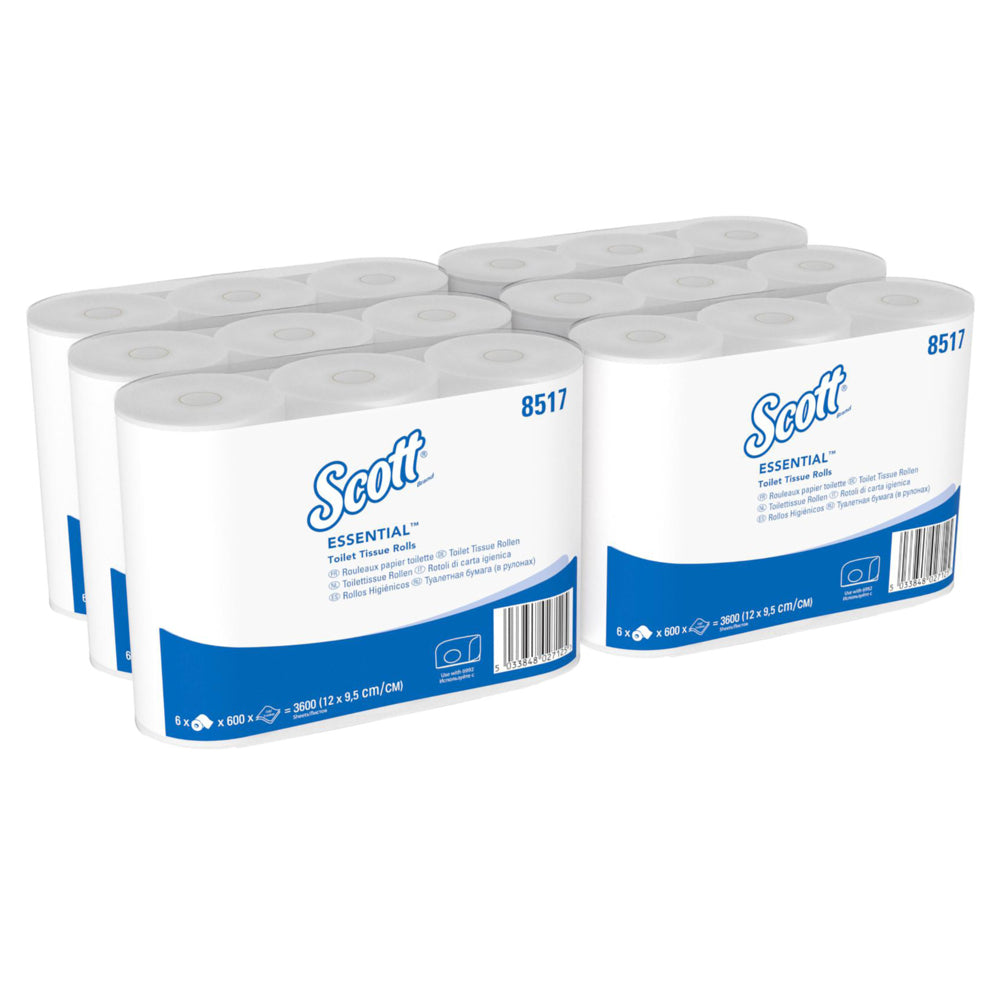 Scott® Essential™ Toilettenpapierrollen 8517 – 2-lagiges Toilettenpapier – 6 Packungen mit je 6 Rollen x 600 Blatt, weiß (insges. 36 Rollen/21.600 Blatt)