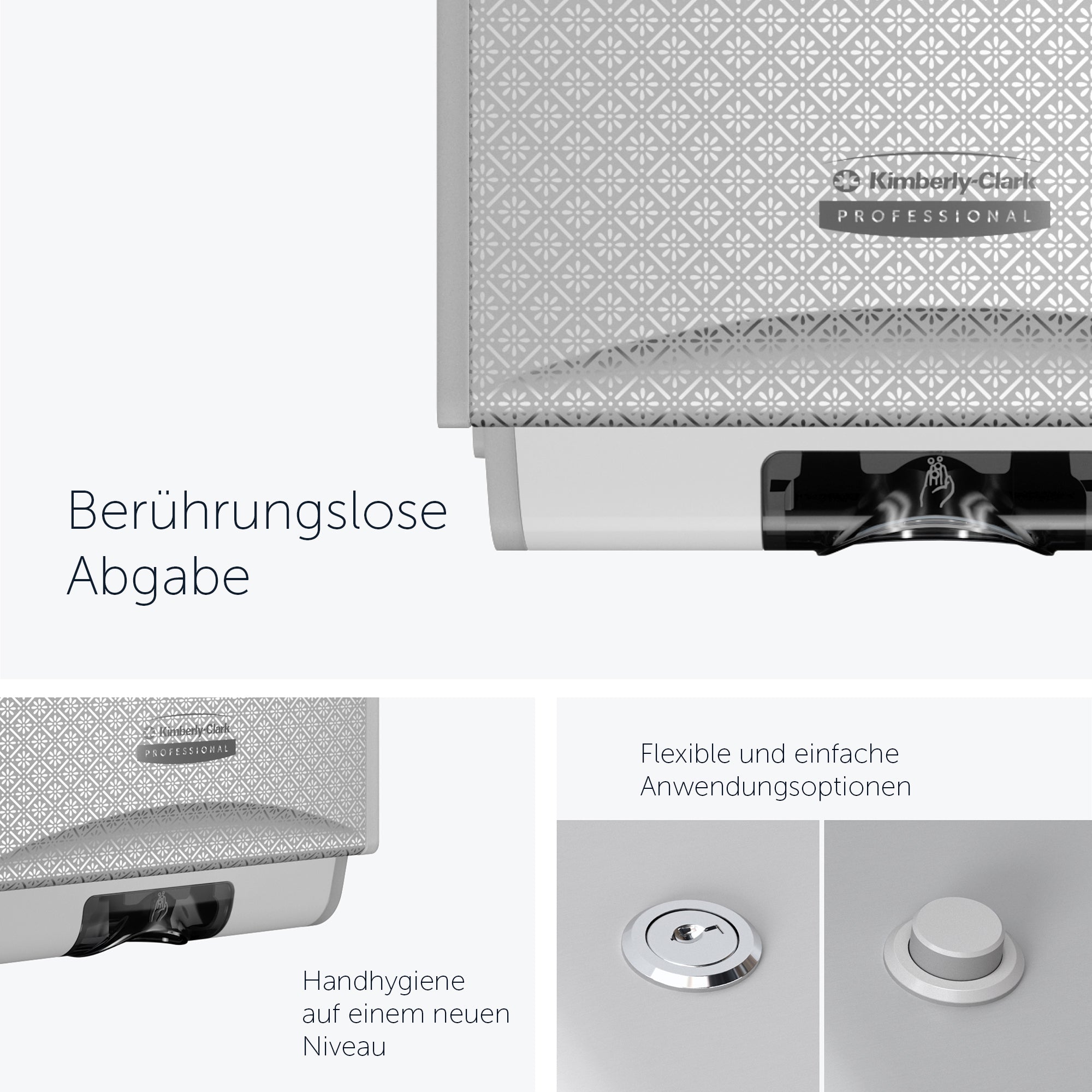 Automatischer Handseifen- und Desinfektionsmittelspender aus der Kimberly-Clark Professional™ ICON™-Serie (53694), mit silberfarbener Blende im Mosaikdesign; 1 Spender und 1 Blende pro Verkaufseinheit