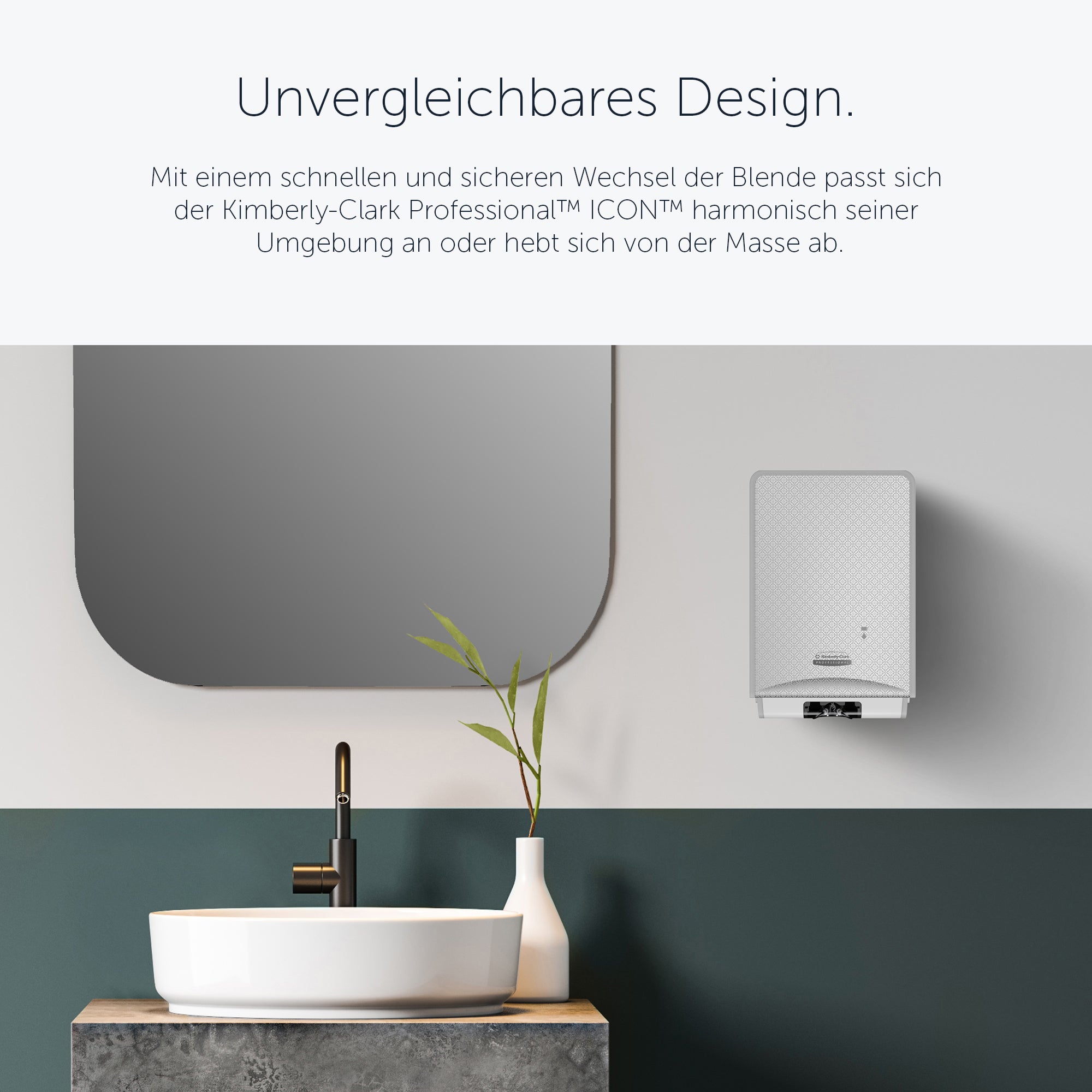 Automatischer Handseifen- und Desinfektionsmittelspender aus der Kimberly-Clark Professional™ ICON™-Serie (53694), mit silberfarbener Blende im Mosaikdesign; 1 Spender und 1 Blende pro Verkaufseinheit