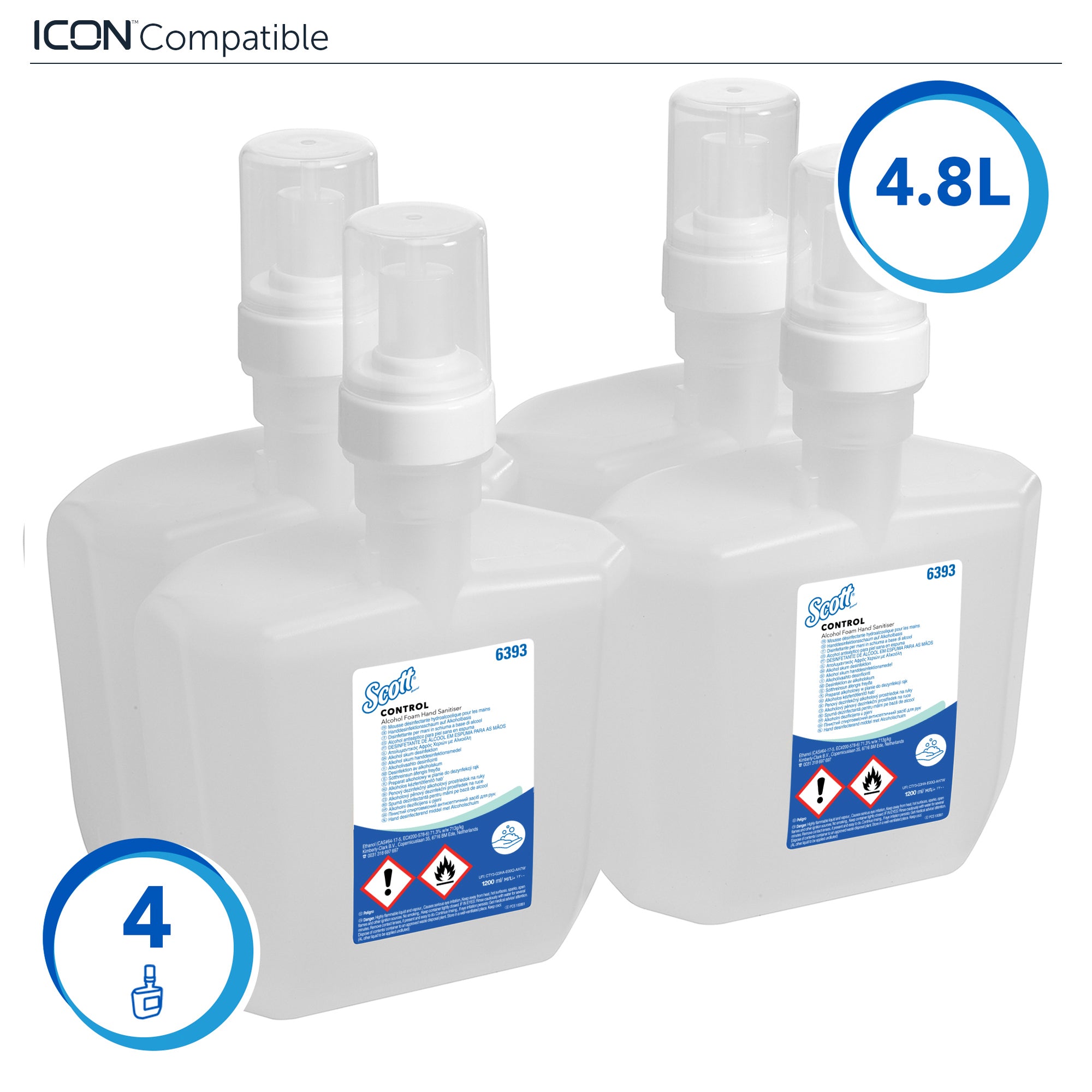 Scott® Control™ Handdesinfektionsschaum auf Alkoholbasis 6393 – 4 x 1,2 Liter Handdesinfektionsmittel, Nachfüllpackung (4,8 Liter gesamt)