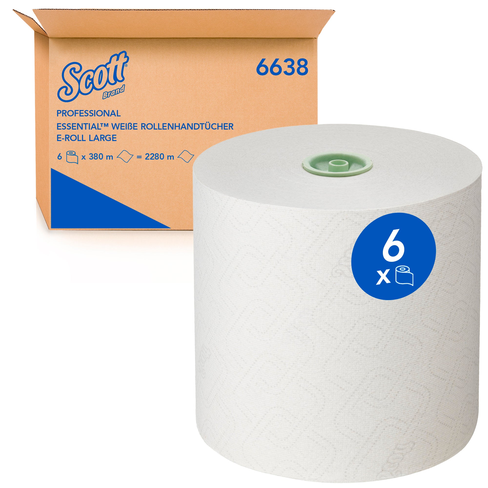 Scott® Essential™ Rollenhandtücher 6638 – E-Roll Papierhandtuch-Großrolle – 6 x 380 m weiße Papierhandtuchrollen (insg. 2.280 m)