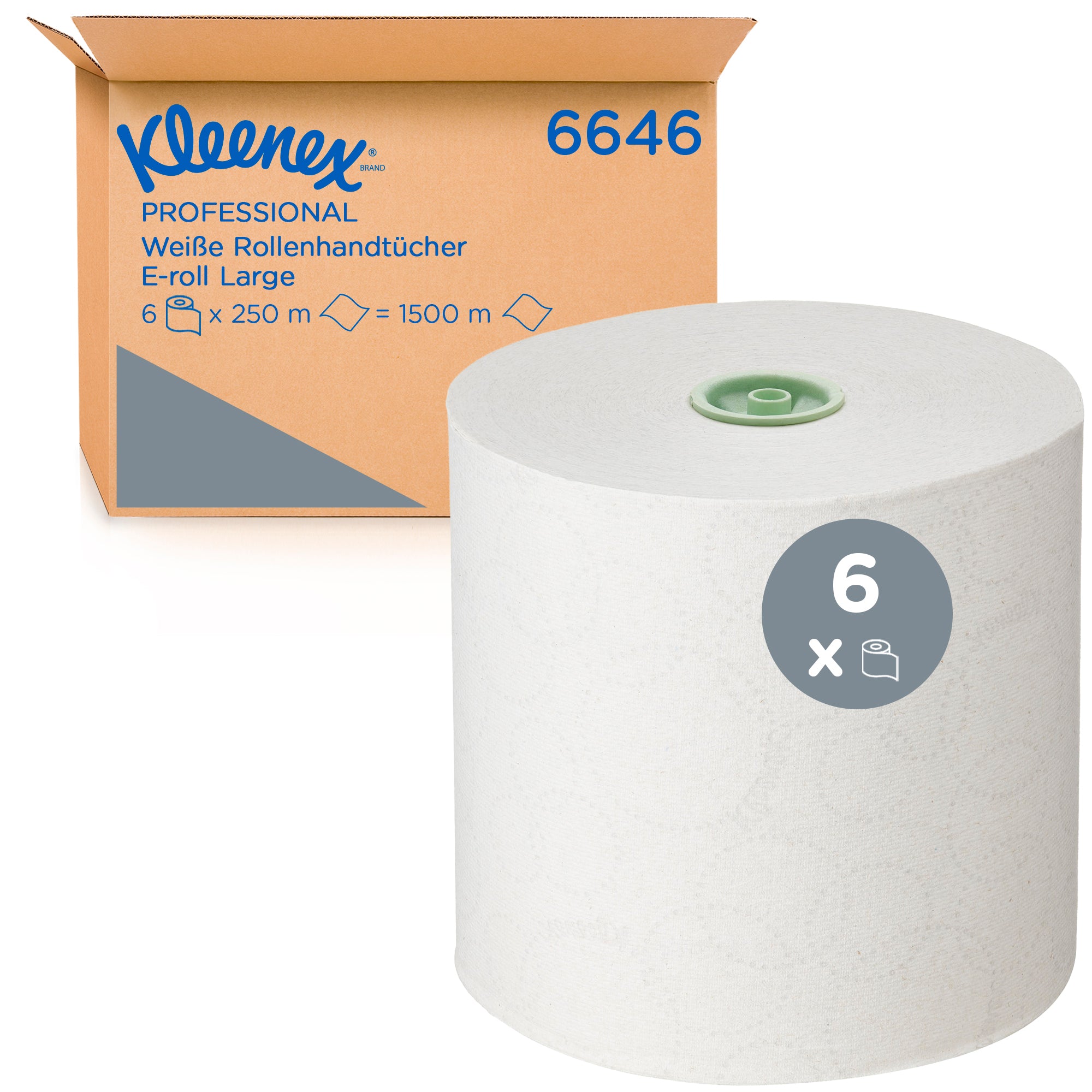 Kleenex® Papierhandtücher auf Rollen, 6646 – E-Roll-Großrolle für Handtücher – 6 x 250 m weiße Papierhandtuchrollen (insg. 1.500 m)