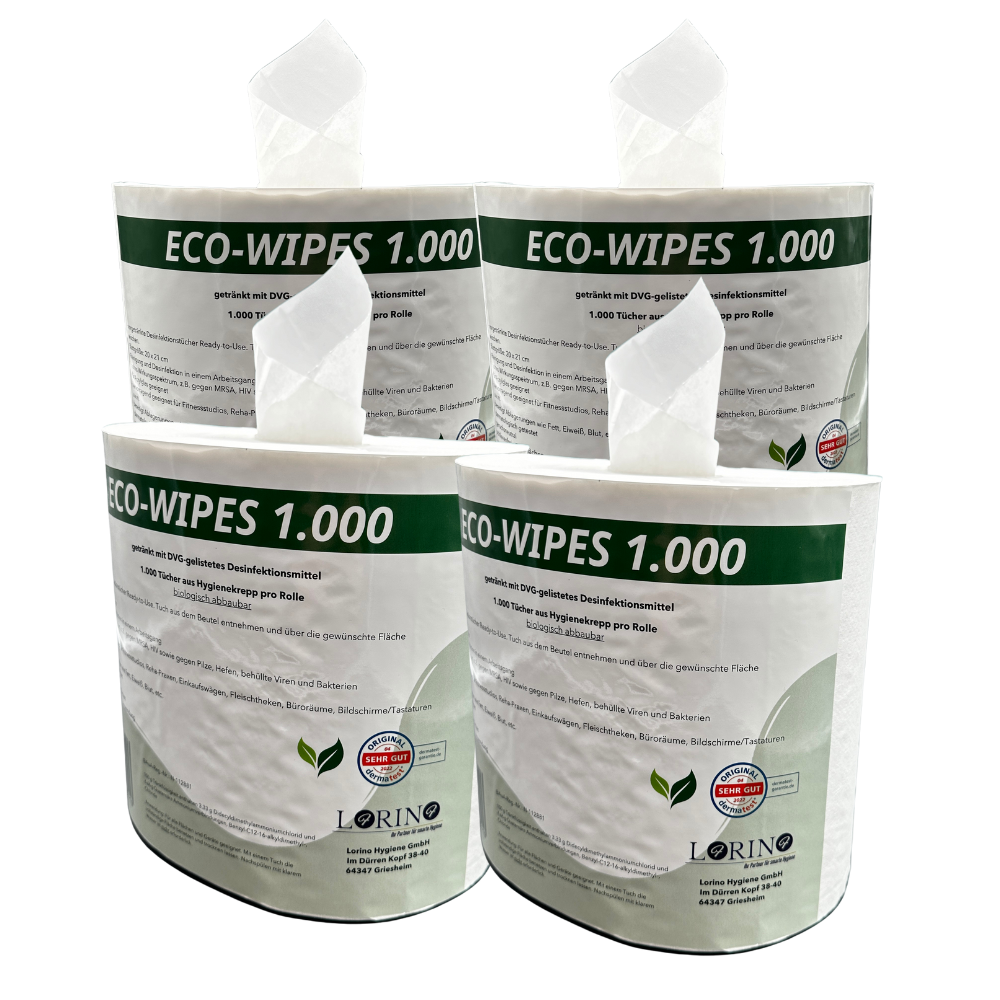 ECO-WIPES 1000 von Lorino – 4 Rollen vorgetränkte Desinfektionstücher für professionelle Hygiene, biologisch abbaubar und hautfreundlich