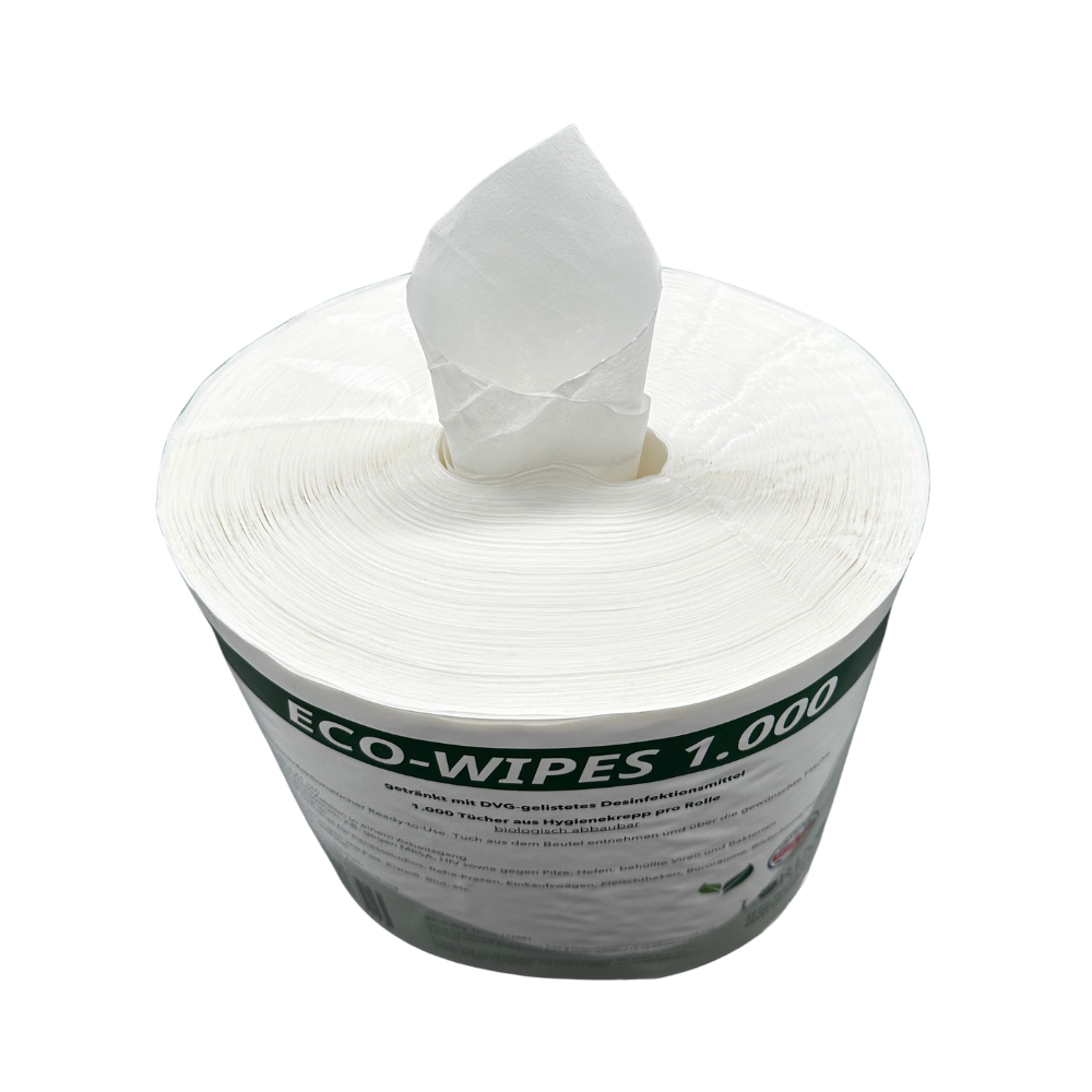 ECO-WIPES 1000 Desinfektionstuchrolle von oben – Draufsicht auf die vorgetränkten Hygienetücher von Lorino mit Sicht auf Papierstruktur und Etikett