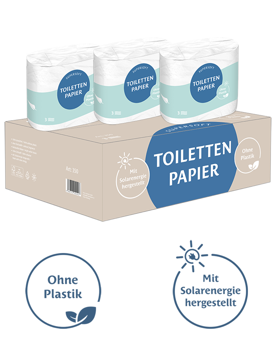 Toilettenpapier 40 Rollen, 3 lagig, Zellstoff, 350 Blatt ohne Plastik m. Solarenergie hergestellt