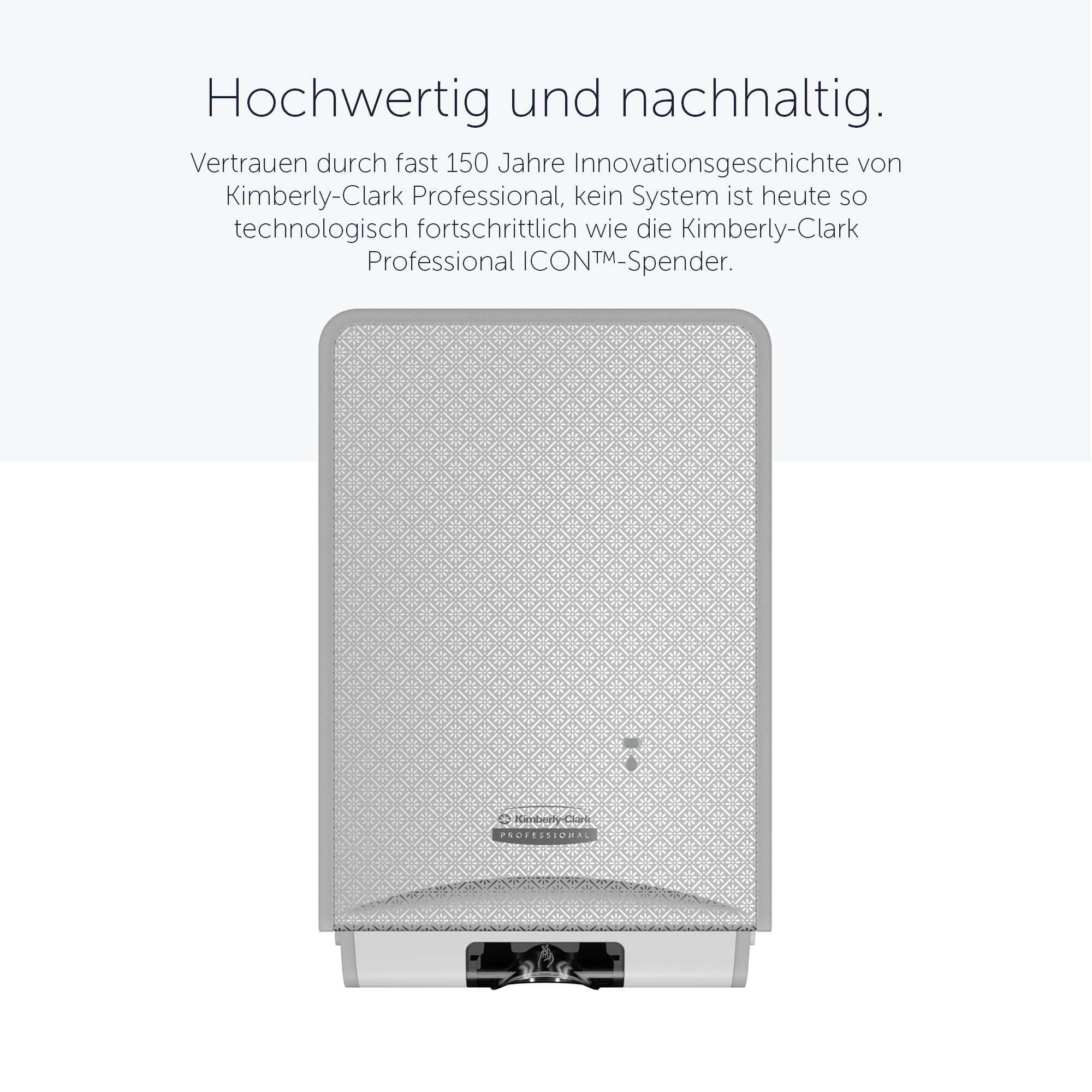 Automatischer Handseifen- und Desinfektionsmittelspender aus der Kimberly-Clark Professional™ ICON™-Serie (53694), mit silberfarbener Blende im Mosaikdesign; 1 Spender und 1 Blende pro Verkaufseinheit