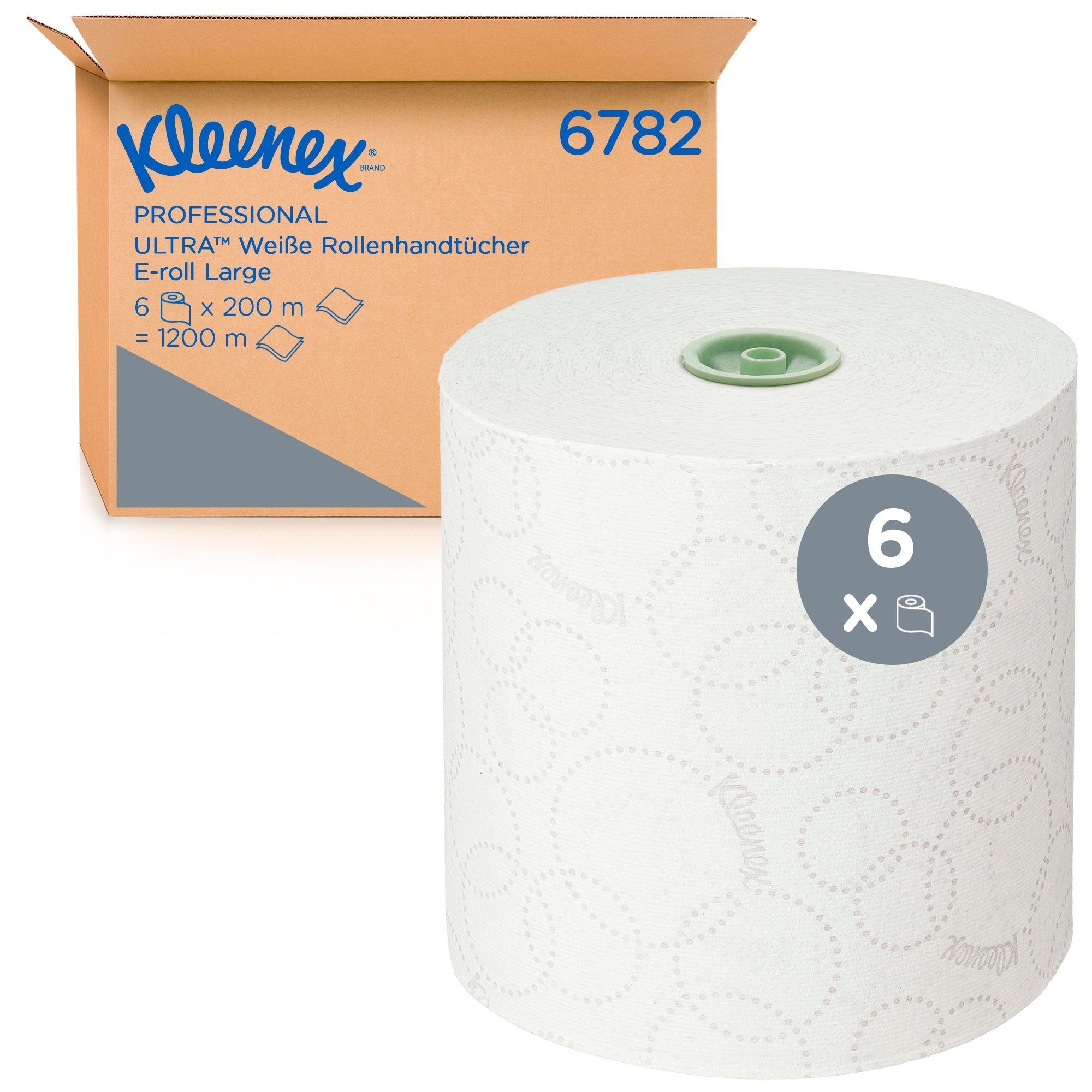 Kleenex® Ultra™ Papierhandtücher auf Rollen, 6782 – E-Roll-Großrolle für 2-lagige Handtücher – 6 x 200 m weiße Papierhandtuchrollen (insg. 1.200 m)